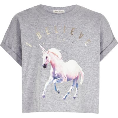 Girls grey cropped unicorn print t-shirt